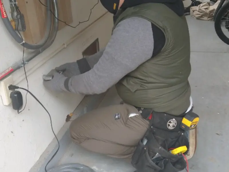 Electrician performing outlet wiring in a Brookhaven garage